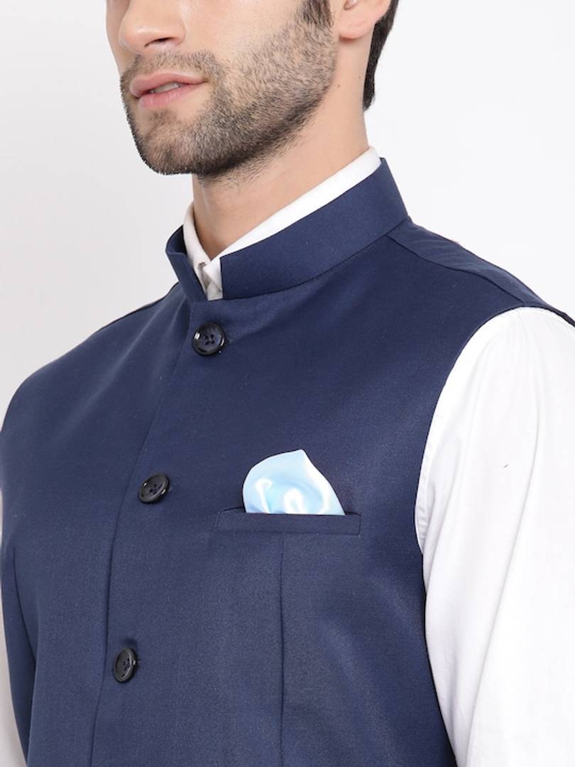 Men's Navy Blue 
Cotton Blend
 Solid
 Nehru Jackets